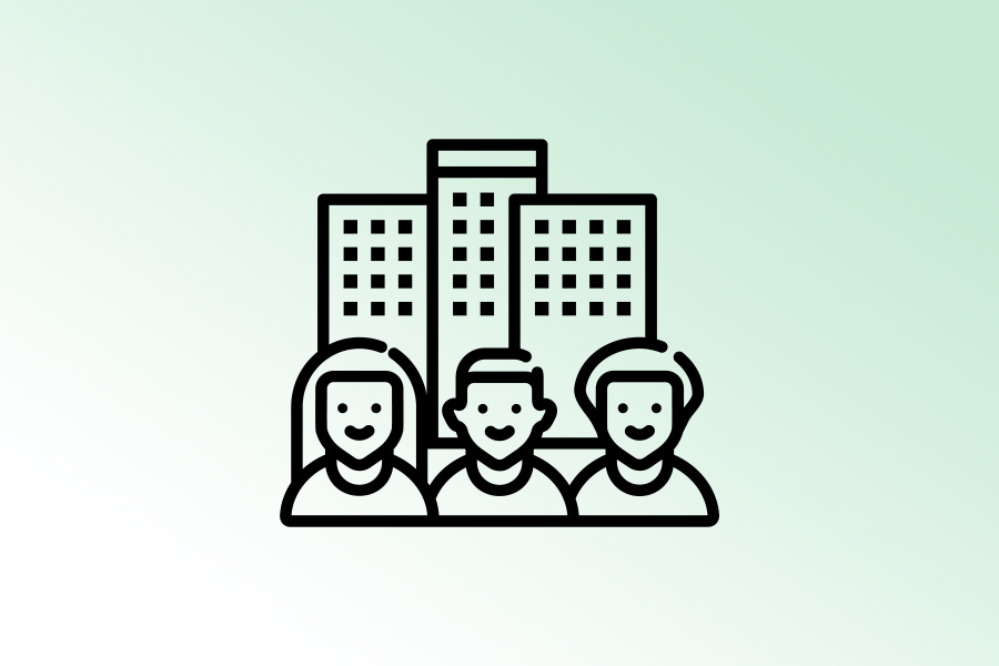 Symbolbild Wirtschaft: zeichnung von drie Personen vor Hochhaus-Türmen