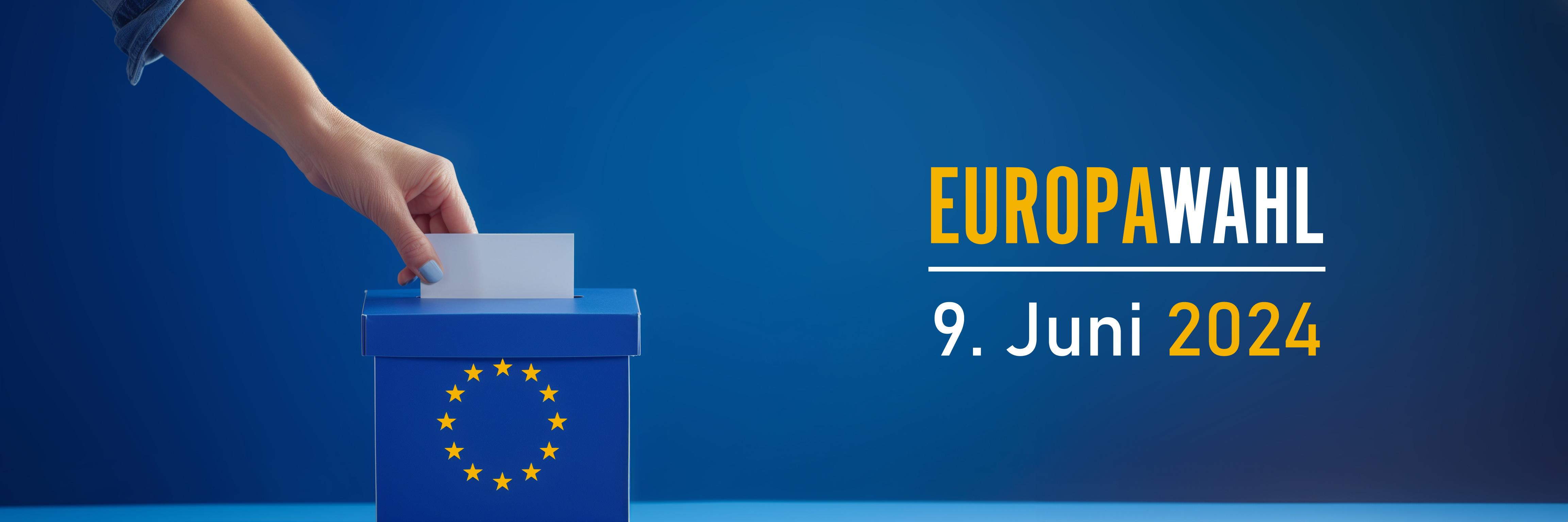 Das Symbolbild zur Europawahl zeigt links eine Hand, die eine einen Zettel in eine blaue Box steckt, rechts davon die Headline 
