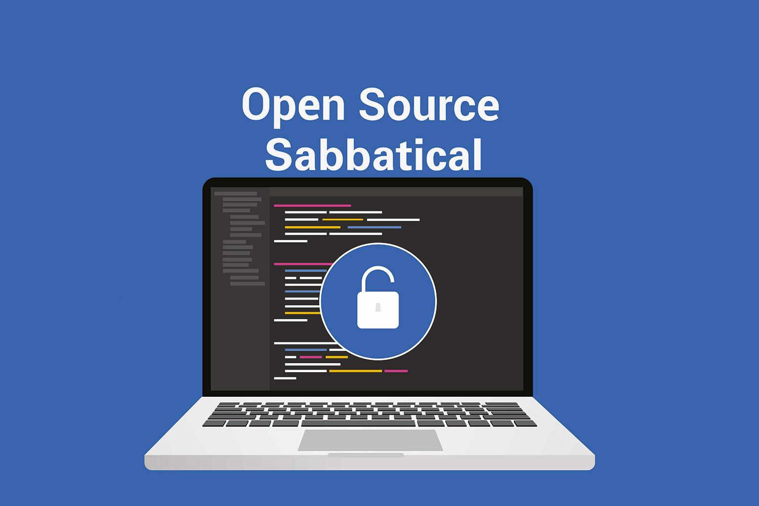 Das Bild zeigt eine Grafik mit einem Laptop. Auf dem Bildschirm sind open source codes und ein Icon mit einem geöffneten Schloss zu sehen. Über dem laptop die Überschrift Open Source Sabbatical.