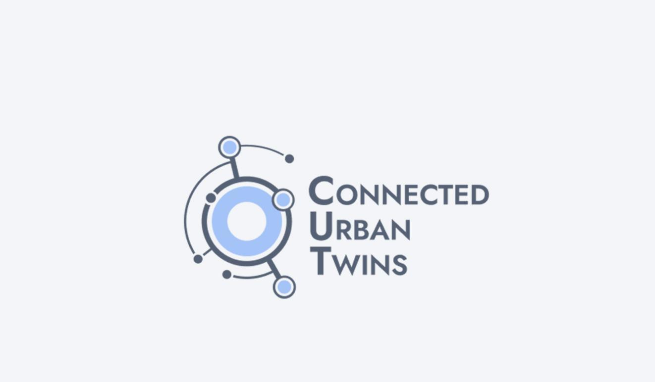 Das Bild zeigt das Logo mit dem Schriftzug Connected Urban Twins und einen Grafik mit Kreis aus dem zwei Verbindungslinien herausgehen.