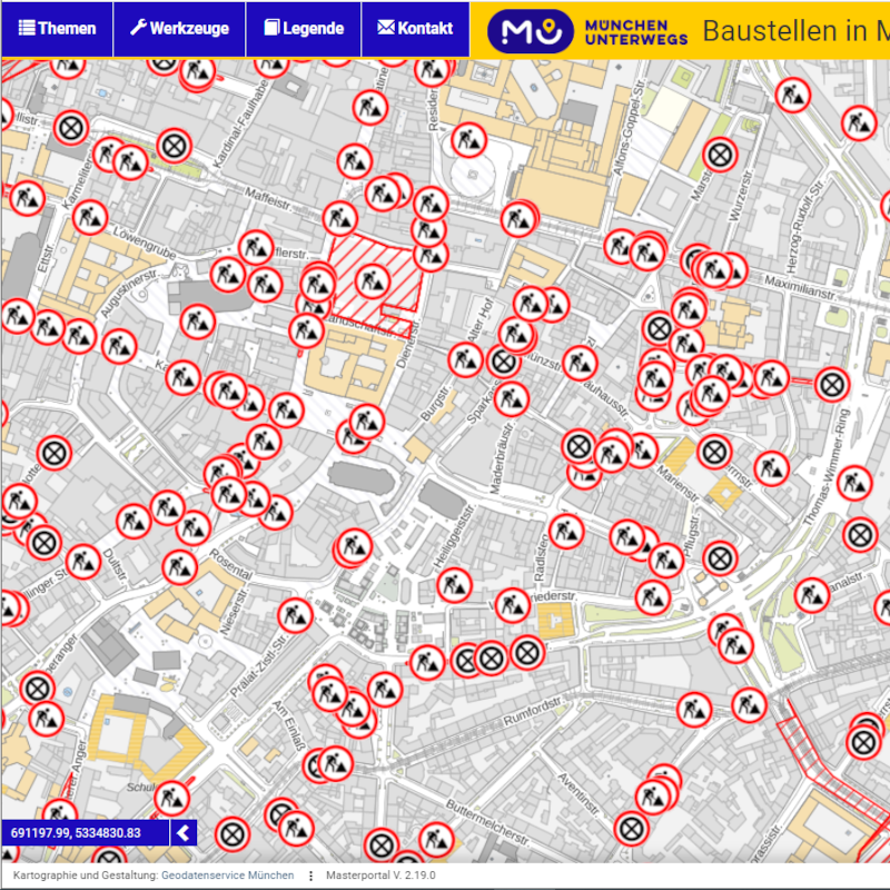 The construction sites map can be viewed on the Geoportal. With the help of icons, the map provides an overview of current and planned construction sites and no-stopping zones in Munich that will cause restrictions on driving, walking and parking over the next two to six weeks.