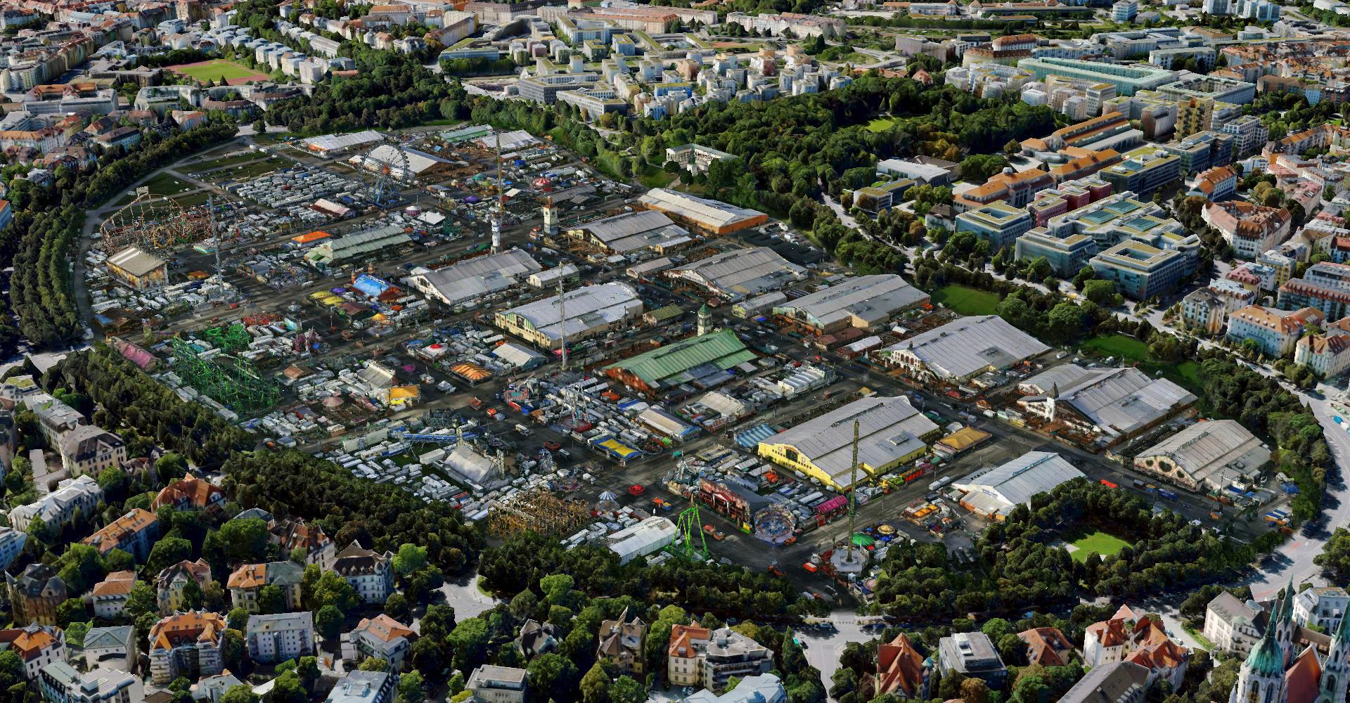 Bird's-eye view of the high-resolution 3D model of the Oktoberfest based on drone-based data acquisition integrated into the city-wide 3D model of the Digital Twin Munich.