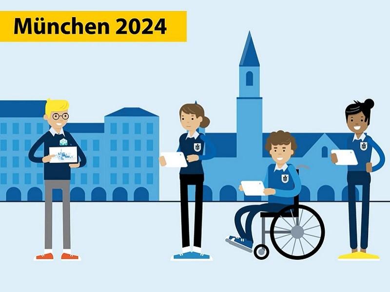 Gezeichnete Personen stehen vor der Silhouette Münchens und arbeiten mit Laptop und Handy. Symbolbild für den Digitalen Zwilling im Jahr 2024