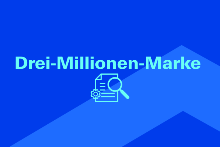 Blauer Hintergrund mit der Aufschrift Drei-Millionen-Marke, darunter ein Icon, das einen Online Antrag darstellt.