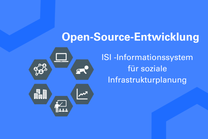 Das Bild zeigt auf blauem Hintergrund das Logo des ISI-Projekts mit der Headline Open-Source-Entwicklung, ISI