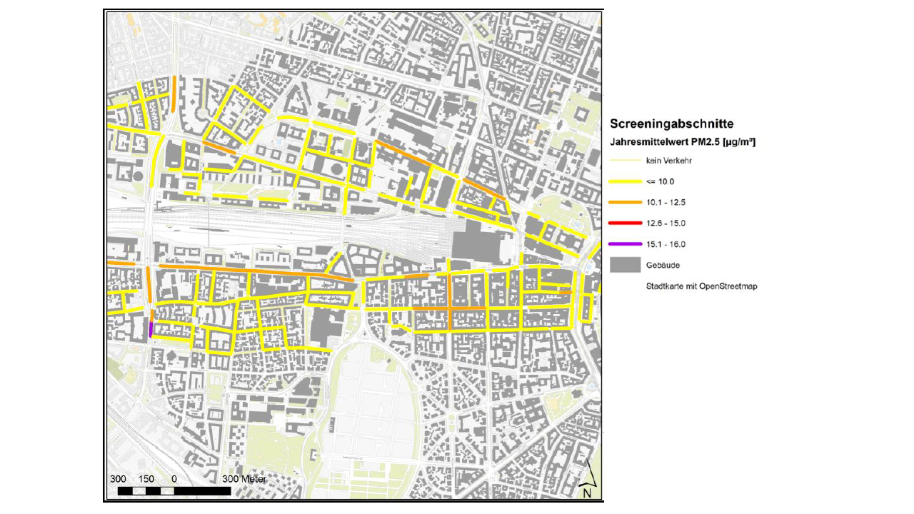 Modellierte Jahresmittelwerte der Feinstaubkonzentration (PM 2,5)