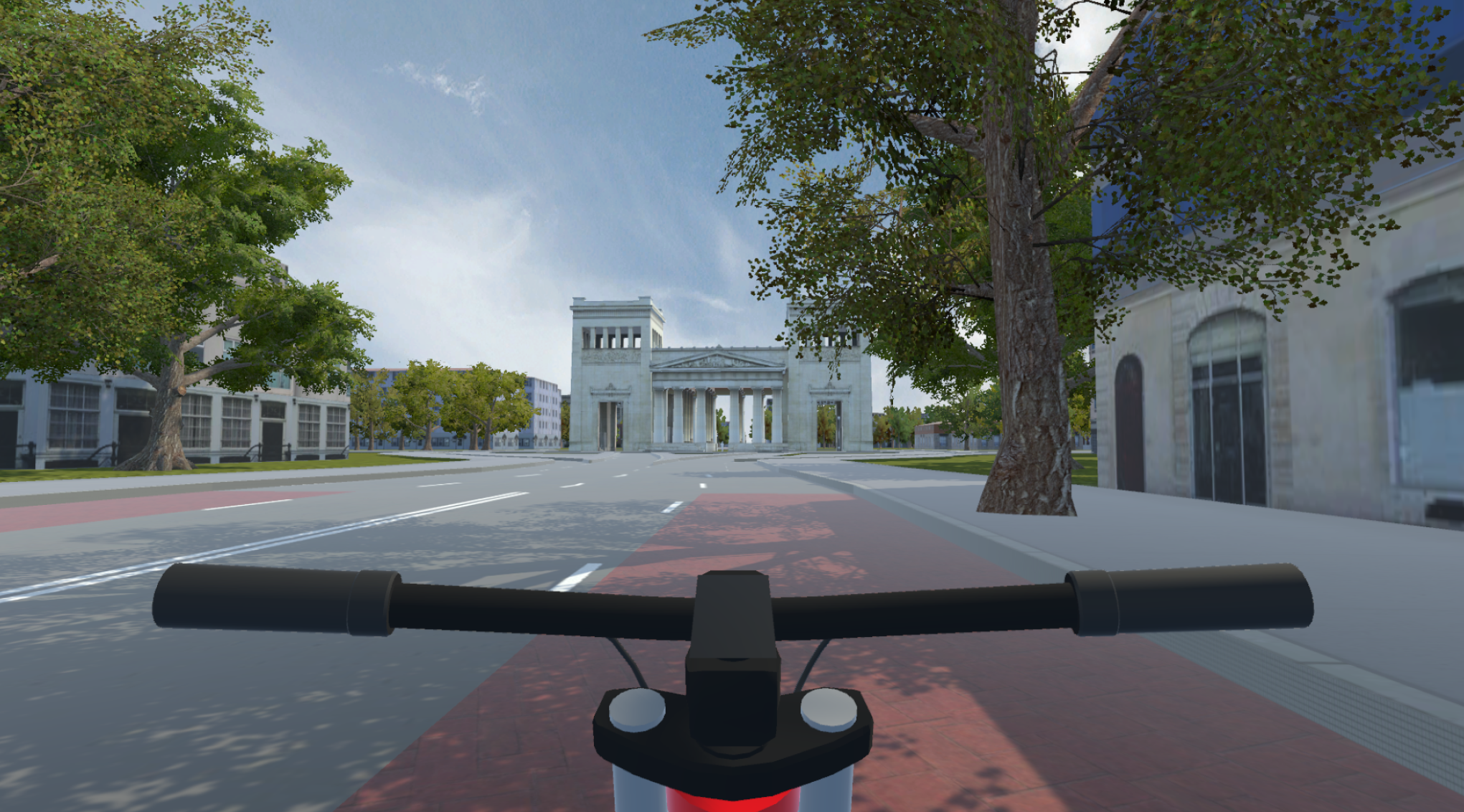 Driver's perspective of the cargo bike in the VR simulator. A game engine was used to generate realistic traffic scenarios of Munich's city center from the inventory data and the results of the digital twin's traffic modeling.