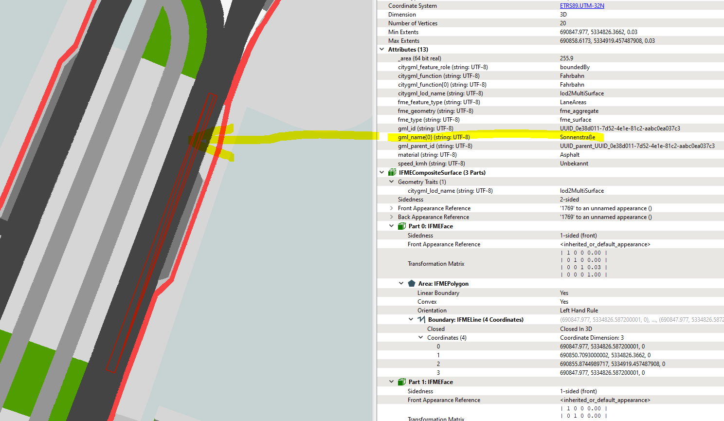 Representation of a traffic area with overlapping information on the street name as a 2D map and in an attribute table.