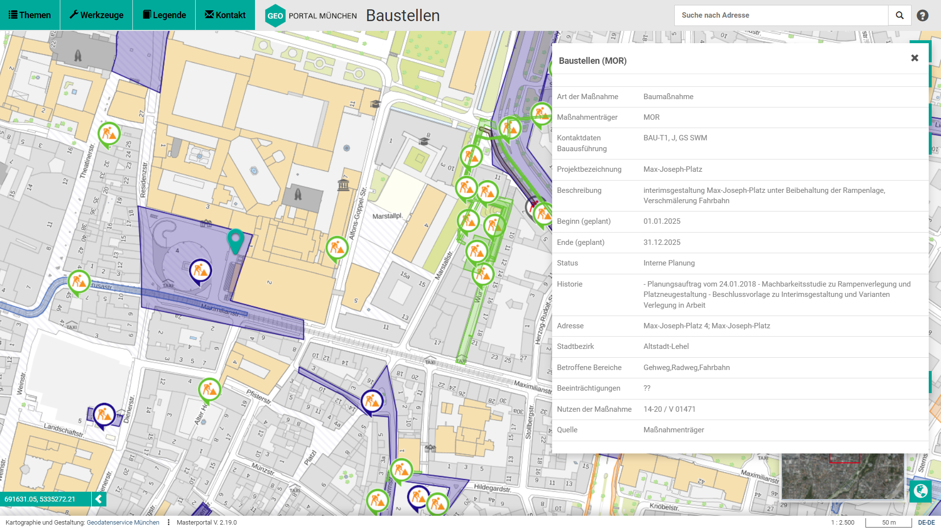 The graphic shows the detailed view in GeoInfoWeb of the upcoming public construction measures in Munich.