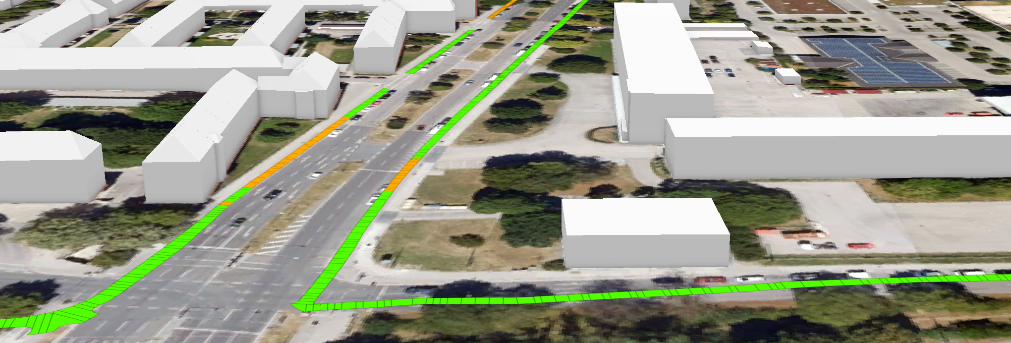 Darstellung der Klassen für die Servicequalität von Radwegen in einem 3D-Stadtmodell der Boschetsriederstraße.