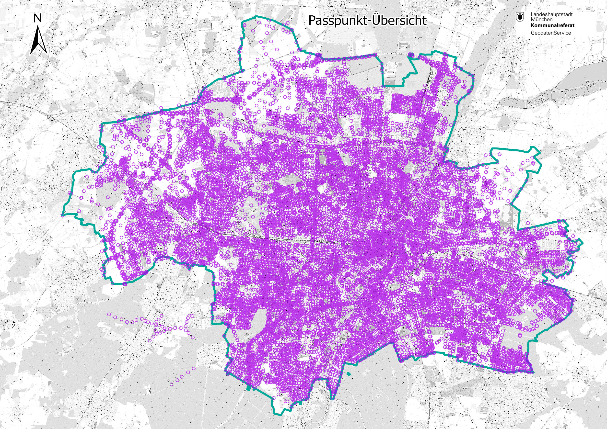 Map of the Munich city area, on which the location of the measured control points is marked. The entire city area is covered by points, leaving hardly any gaps.