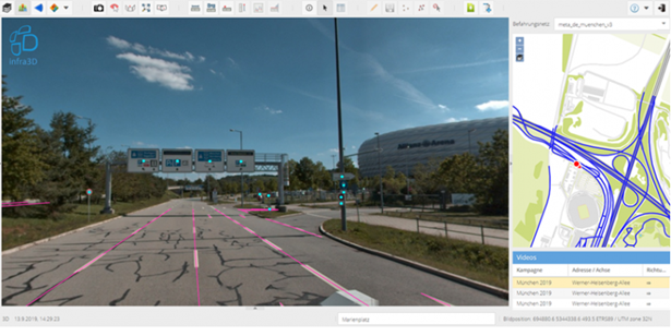 Ein Screenshot des infra3D Mobile Mapping Viewers, der ein Panoramabild mit Punktmarkierungen für extrahierte bzw. inventarisierte Objekte auf der linken Seite zeigt. Auf der rechten Seite ist eine Mini Map mit dem befahrenen Straßenverlauf und eine Übersicht über verschiedene Messkampagnen zu sehen.