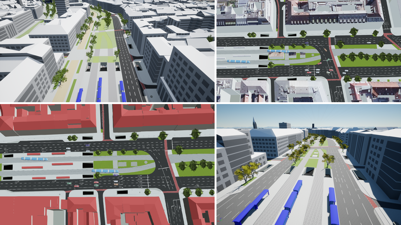 Vier Ansichten, die das 3D-Modell für die Sonnenstraße aus verschiedenen Perspektiven zeigen. Mit diesem Modell sind die Ausgabe von semantsichen Informationen des Lane-Models und Visualisierungen der Verkehrssimulation auf Basis des Lane-Models möglich.