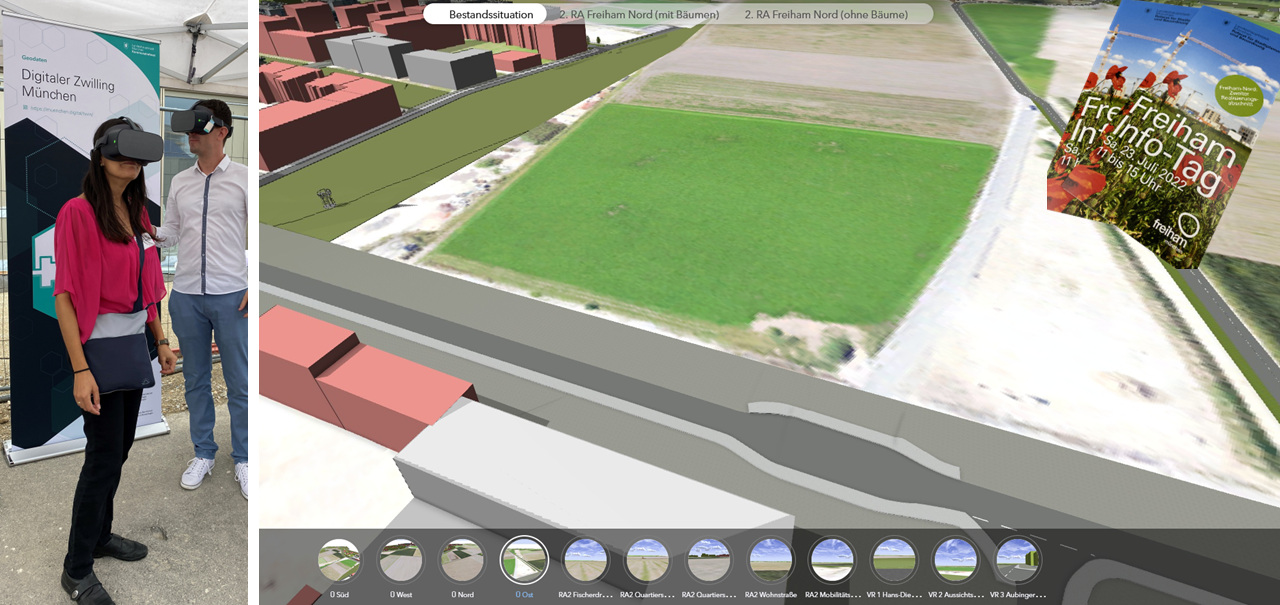 On the left, two people wearing VR glasses can be seen at the Freiham district festival. They are looking at the current situation of the second realization section Freiham North. A brownfield site can be seen in the center of the image as a screenshot of the VR application.