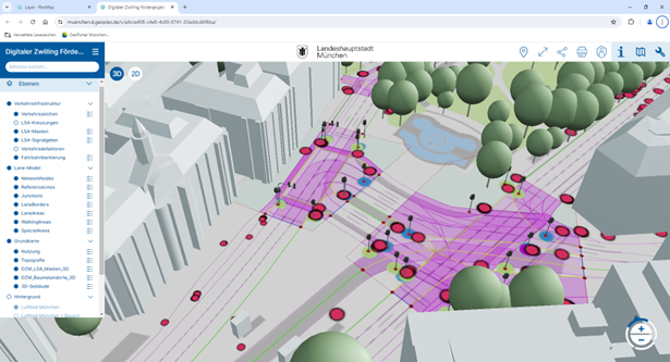 Zu sehen ist eine ganzheitliche 3D-Datenintegration zur Optimierung städtischer Planungsprozesse der Verkehrsinfrastruktur in Plexmap.