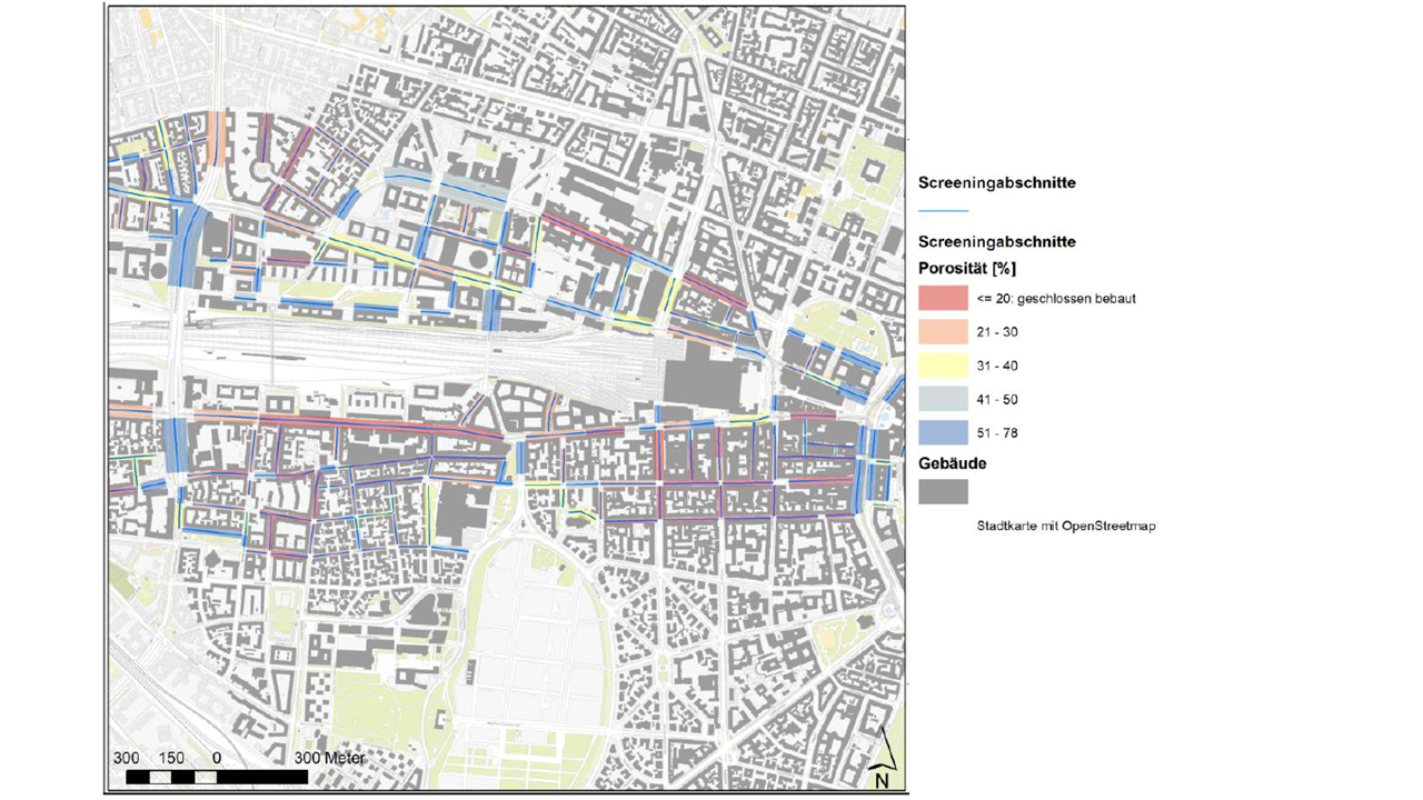 Screening sections: Proportion of building setbacks or porosity of the perimeter buildings, color-coded.