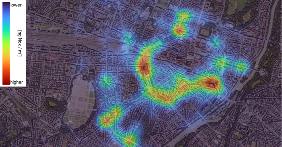 Beispielhafte Modellierung der verkehrsbedingten Luftschadstoffbelastung durch Stickstoffoxide (NOX) der Technischen Universität München auf der Datengrundlage des Digitalen Zwilling München. Es wird die modellierte Konzentration des, durch den Verkehr ausgestoßenen Stickstoffoxids je Kubikmeter Luft dargestellt.