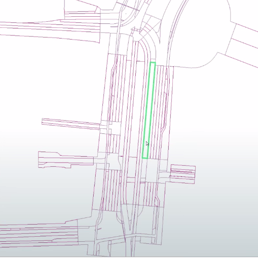 2D-Darstellung der Fahrbahnflächen des Lane-Models, die die Grundlage für die semantischen Informationen wie die Zuweisung des Straßennamen erlauben. Hervorgehoben ist eine Fahrspurfläche außerhalb des Kreuzungsbereichs in der Sonnenstraße, für die eine eindeutige Zuordnung des Straßennamens möglich ist.