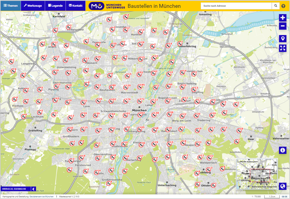 The construction sites map can be viewed on the geoportal. With the help of icons, the map provides an overview of the number of current and planned construction sites and stopping restrictions in the various districts of Munich, each of which will cause restrictions on driving, walking and parking within the next two to six weeks.