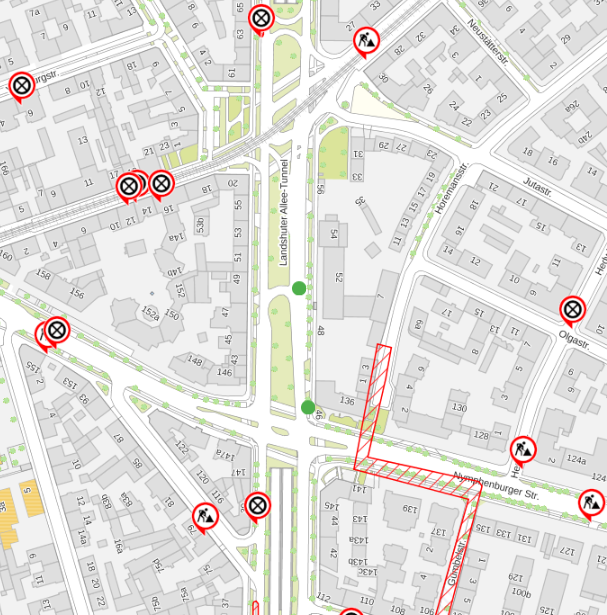 Position der Baustellenleuchten im Baustellenportal der Landeshauptstadt München. Teststellung der sensorgestützten Baustellenleuchten durch Hansestadt Hamburg und Sensorhersteller CM1. Die grünen Punkte stellen die GeoNetBaken dar.