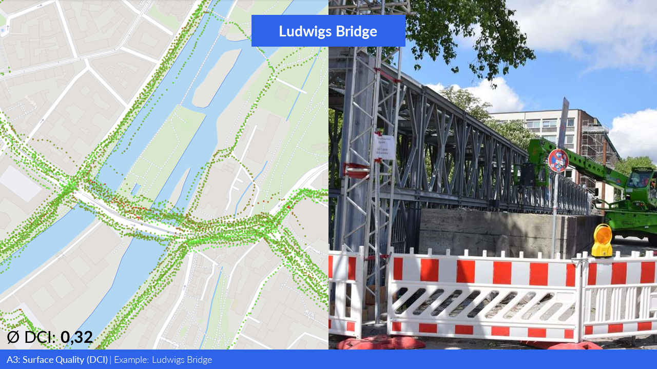 The map shows the analysis of the road surface quality in the area of Ludwig Bridge.