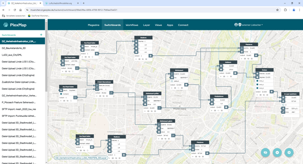 The screenshot shows automated workflows in PlexMap for holistic 2D and 3D data integration to optimize urban planning processes.