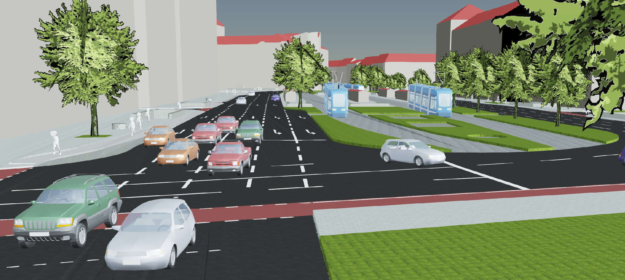 Dargestellt ist eine Straßenszene auf Basis des 3D-Modells, das die Ergebnisse der Verkehrssimulation in Form von 3D-Modellen der Verkehrsteilnehmer für die Sonnenstraße enthält.