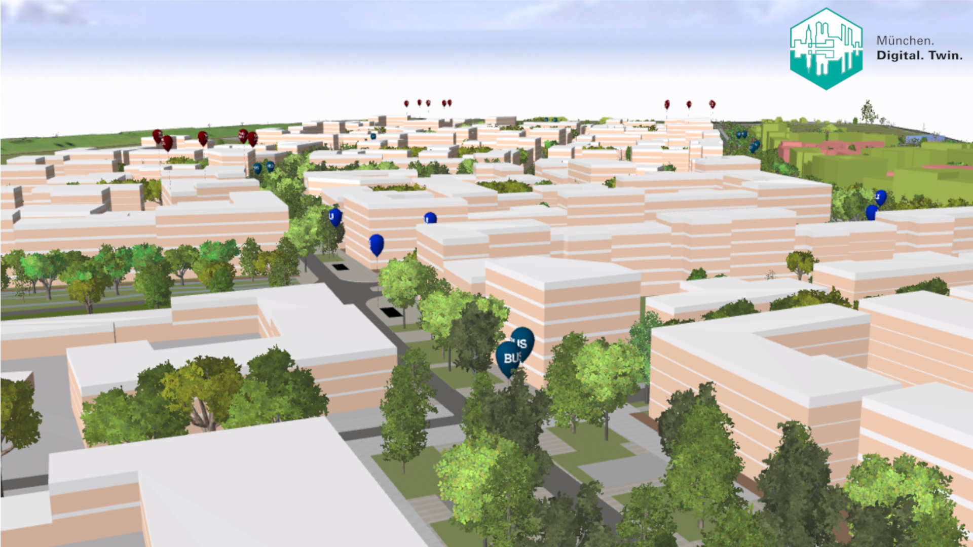 Screenshot des interaktiven WebViewers zur Betrachtung der 3D Szene des 2. Realisierungsabschnitts Freiham Nord. Zu sehen ist potentielle Bebauung gemäß Bebauungsplan, die Vegetation gemäß Leitbaumkonzept und ein mögliches Mobilitätskonzept angedeutet durch Ballons (z.B Bushaltestellen, U-Bahn Eingänge, etc.)