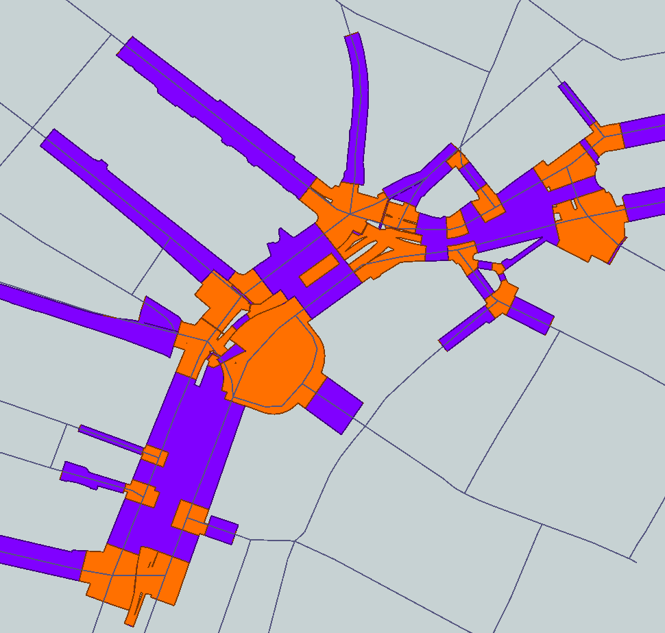 2D-Darstellung der Kreuzungsflächen und Zwischensektionen des Lane-Models, die die Grundlage für die semantischen Informationen wie die Zuweisung des Straßennamen darstellen.