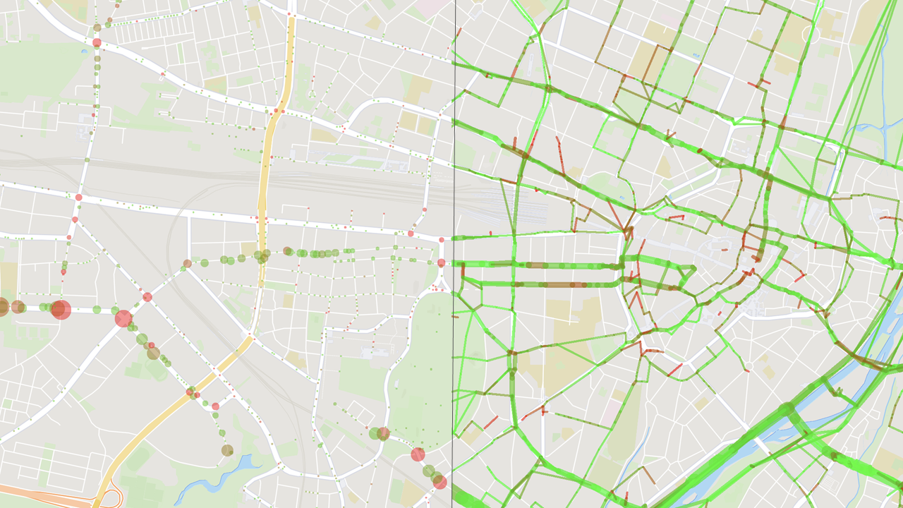 The intersection analysis captures usage, waiting times, and turning behavior at intersections, distinguishing by size. The section analysis examines road segments for usage, speed, and road conditions.