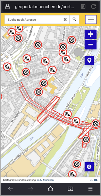 Zu sehen ist die Baustellenkarte im Geoportal. Mit Hilfe von Icons bietet die Karte einen Überblick über aktuelle und geplante Baustellen und Halteverbote in München, die jeweils innerhalb der kommenden zwei bis sechs Wochen Einschränkungen beim Fahren, Gehen und Parken verursachen.