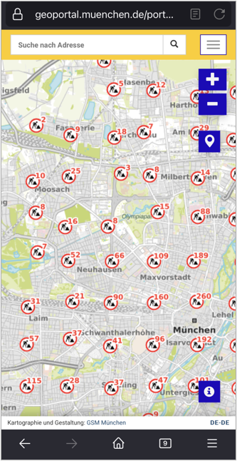 Zu sehen ist die Baustellenkarte im Geoportal. Mit Hilfe von Icons bietet die Karte einen Überblick über aktuelle und geplante Baustellen und Halteverbote in München, die jeweils innerhalb der kommenden zwei bis sechs Wochen Einschränkungen beim Fahren, Gehen und Parken verursachen.