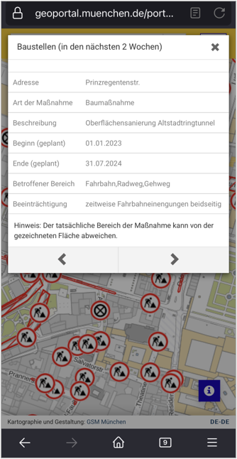 The image shows the construction sites planned for the next 4 weeks. The construction sites map contains data on the type of measure, the expected duration of the measure, as well as a description of the affected areas (e.g. sidewalk, roadway, cycle path) and a brief explanation of the specific restriction.