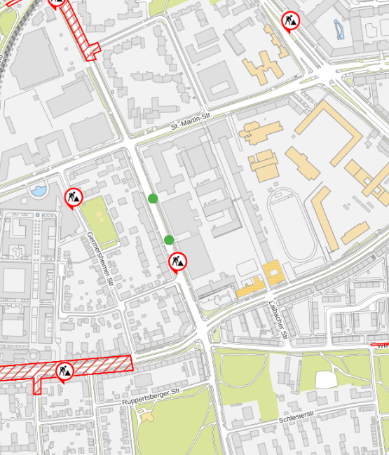 Position of the construction site luminaires in the construction site portal of the City of Munich. Test position of the sensor-based roadworks lights by the Hanseatic City of Hamburg and sensor manufacturer CM1. The green dots represent the GeoNet beacons.