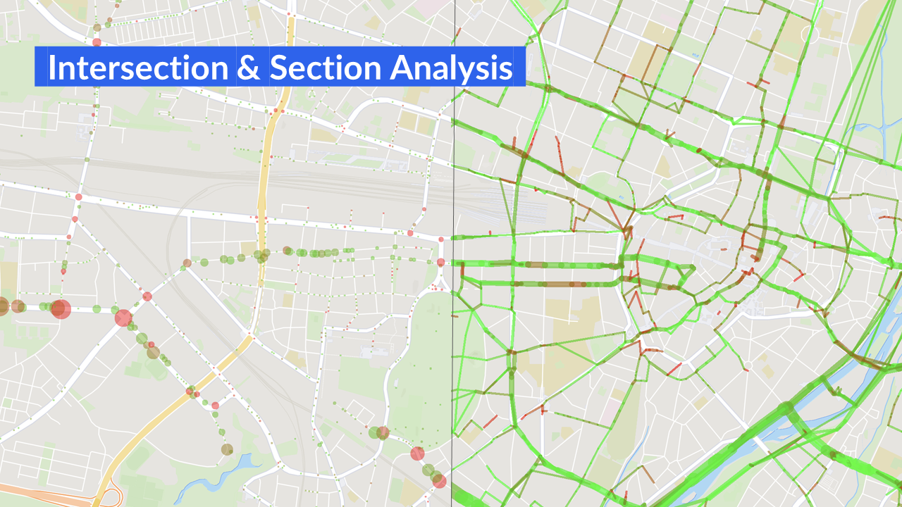 The intersection analysis captures usage, waiting times, and turning behavior at intersections, distinguishing by size. The section analysis examines road segments for usage, speed, and road conditions.