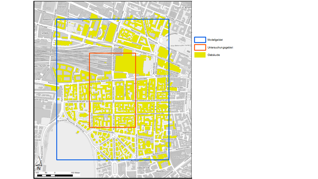 Location of the model and study area for an application example in the vicinity of Paul-Heyse Street.