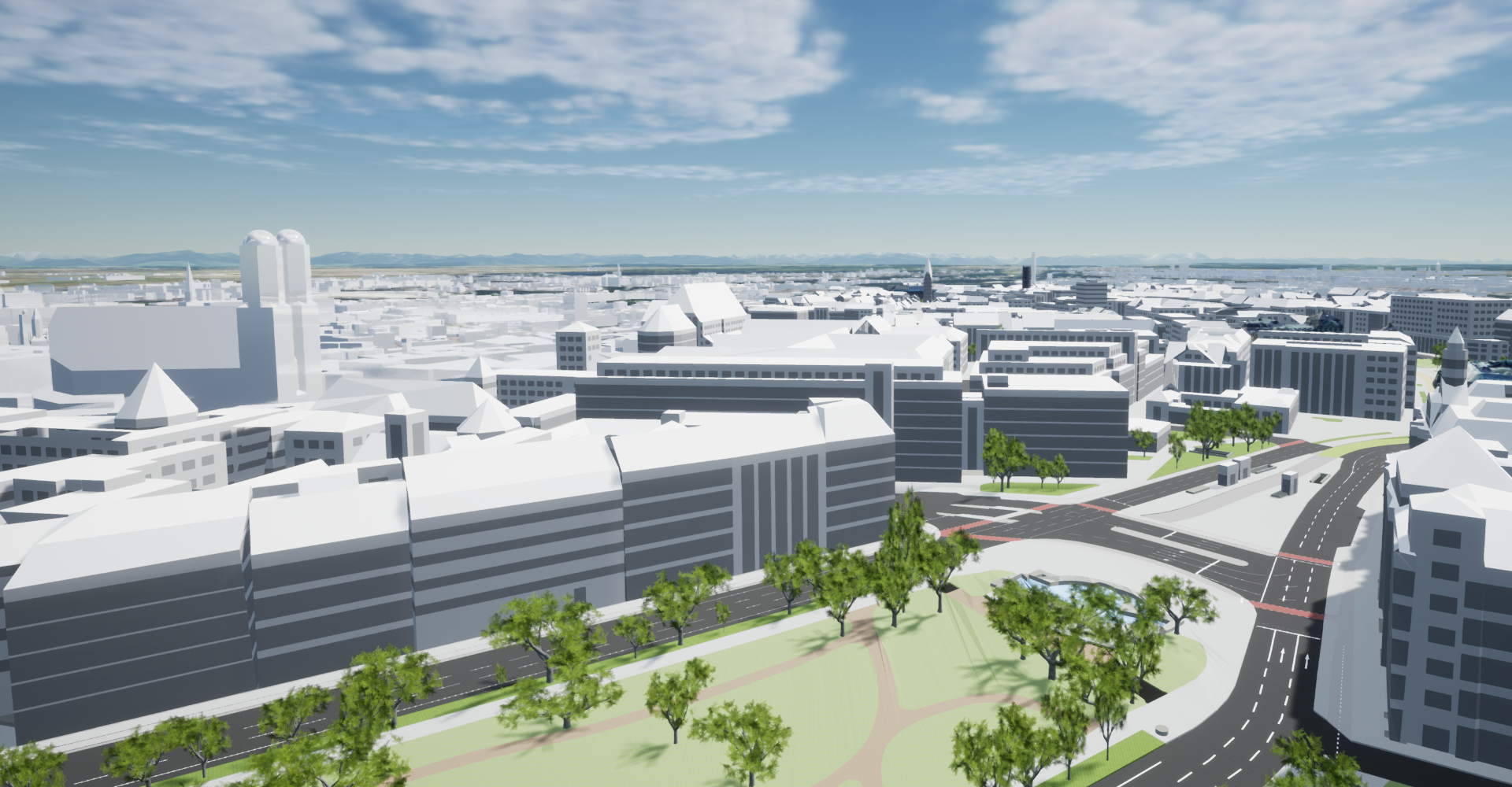 Overview of the 3D model of the Sonnenstraße, which can be used to representing traffic data and is embedded here in a city-wide 3D model.