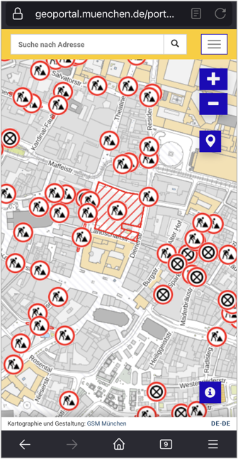 The construction sites map can be viewed on the geoportal. With the help of icons, the map provides an overview of current and planned construction sites and stopping restrictions in Munich that will cause restrictions on driving, walking and parking over the next two to six weeks.