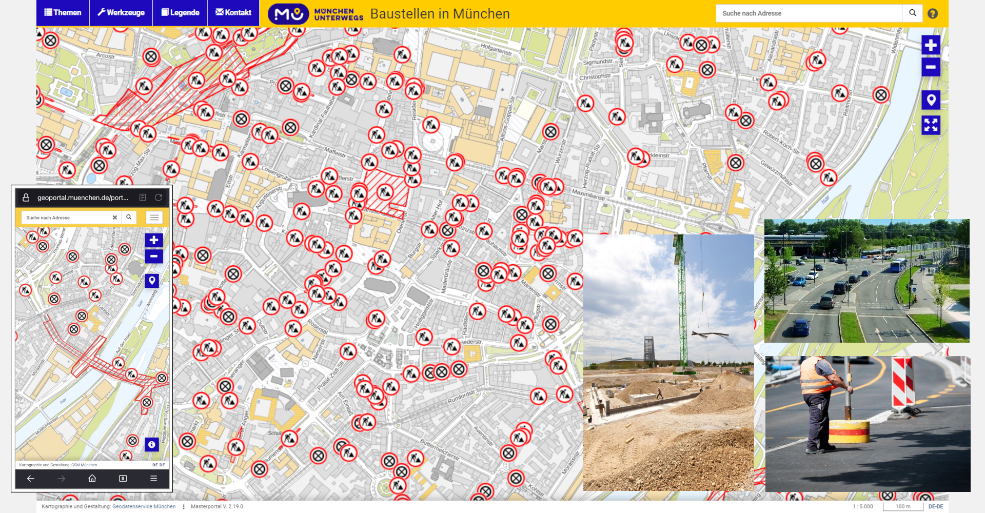 The construction sites map can be viewed on the Geoportal. With the help of icons, the map provides an overview of current and planned construction sitesand no-stopping zones in Munich, each of which will cause restrictions on driving, walking and parking over the next two to six weeks. There are also three images of construction sites and road traffic.