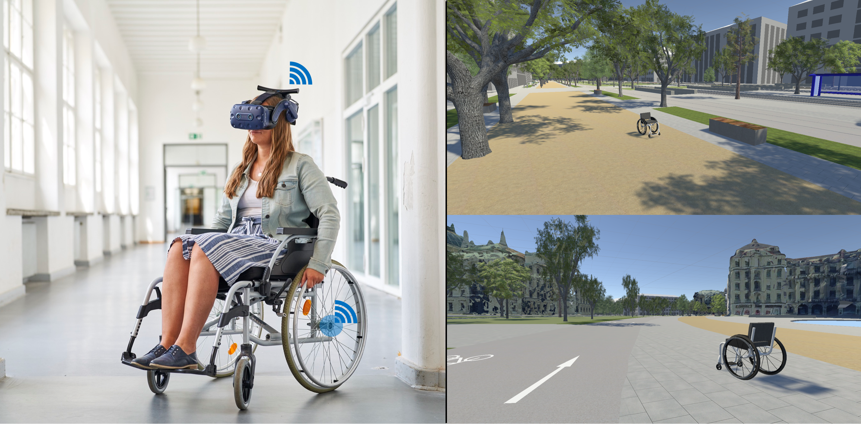 A virtual reality wheelchair simulator for realistic road user behavior in driving simulations.