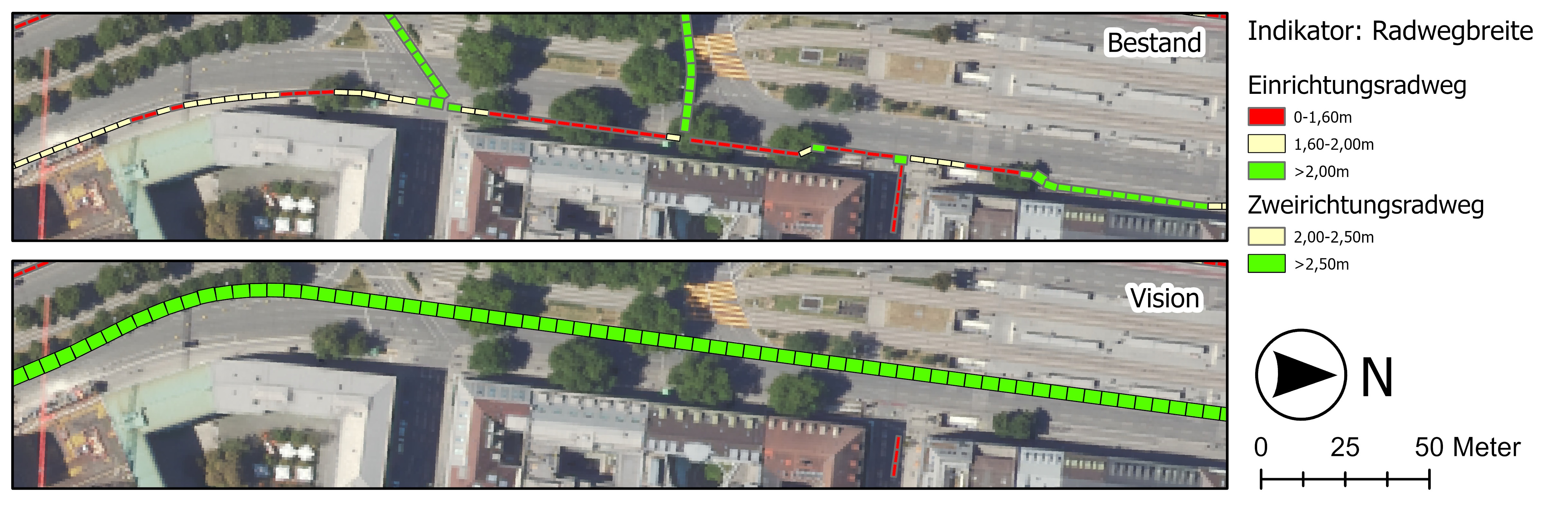 2D map representations of the automatically generated indicators for cycle path width for the existing situation and the 