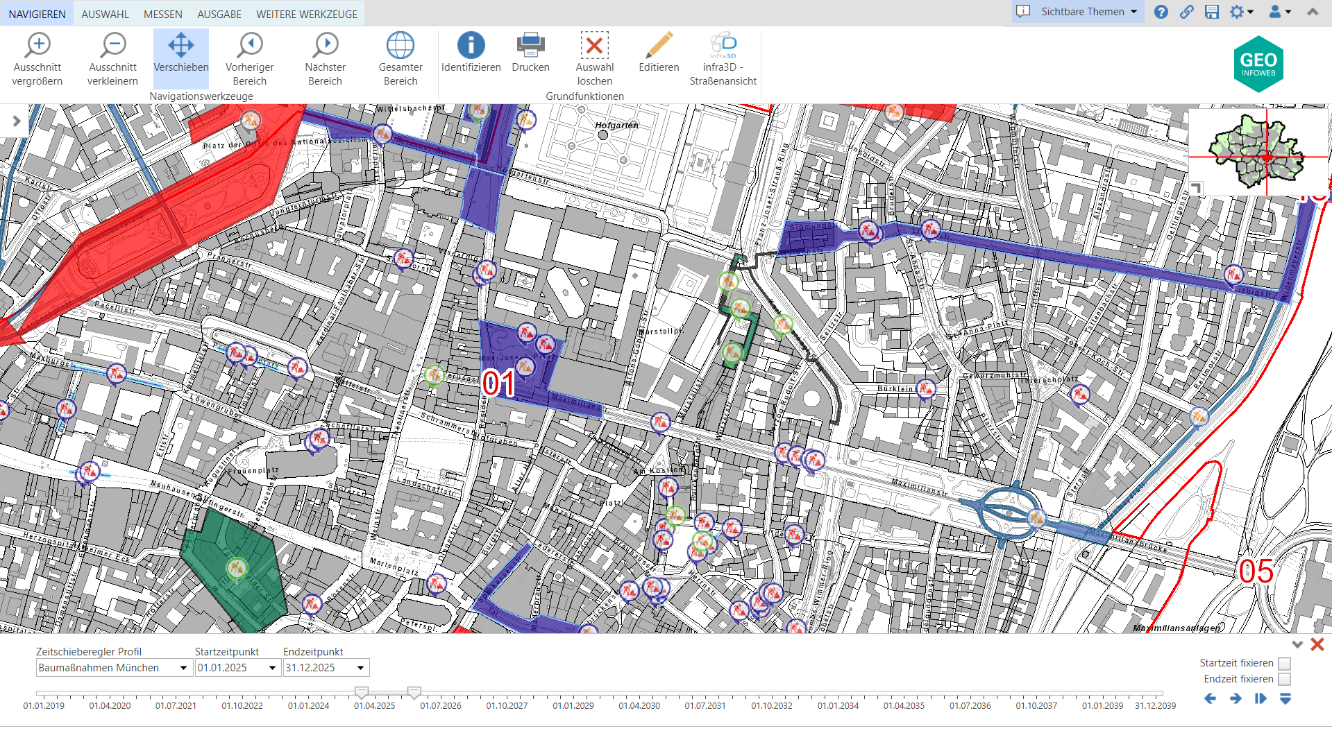 Die Grafik zeigt die Baumaßnahmen Münchens im GeoInfoWeb. Die städtische Verwaltung München kann damit anstehende öffentliche Baumaßnahmen im Straßenraum planen und zeitlich und räumlich besser aufeinander abstimmen.