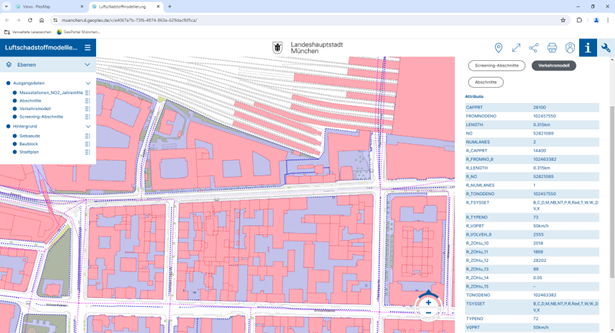 Die Abbildung zeigt die Datenvisualisierung der Luftschadstoffmodellierung der Landeshauptstadt München..