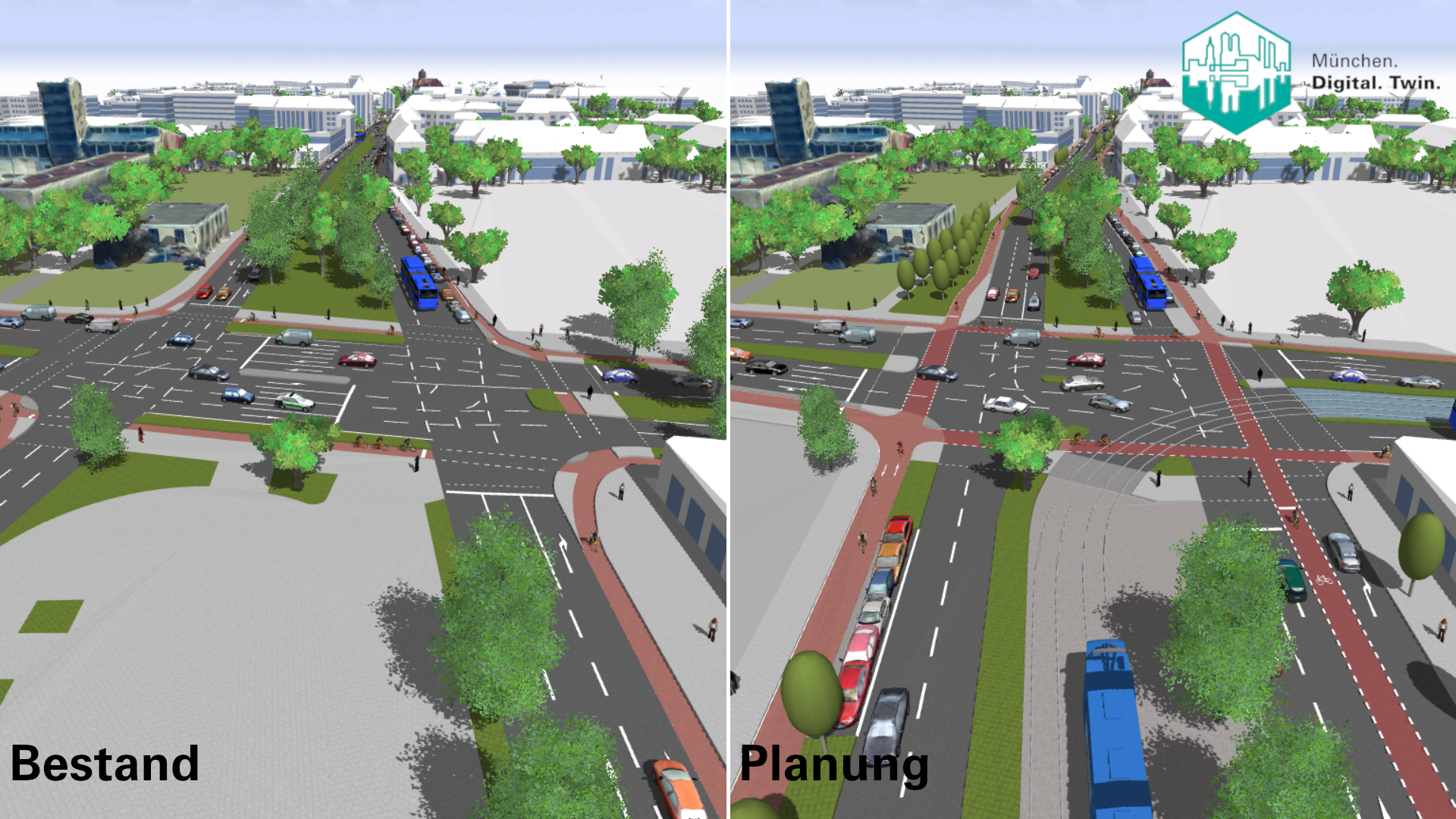 3D Visualisierung mit geteilter Ansicht des Umsetzungsprojekt des Radentscheids München in der Boschetsriederstraße mit einer Übersichtsdarstellung des Ratzingerplatzes Blickrichtung Osten. Auf der linken Bildseite ist die aktuelle Bestandssituation zu sehen, auf der rechten Bildhälfte die Planung der Vorzugsvariante für die Umsetzung des Radentscheids München in der Boschetsrieder Straße.