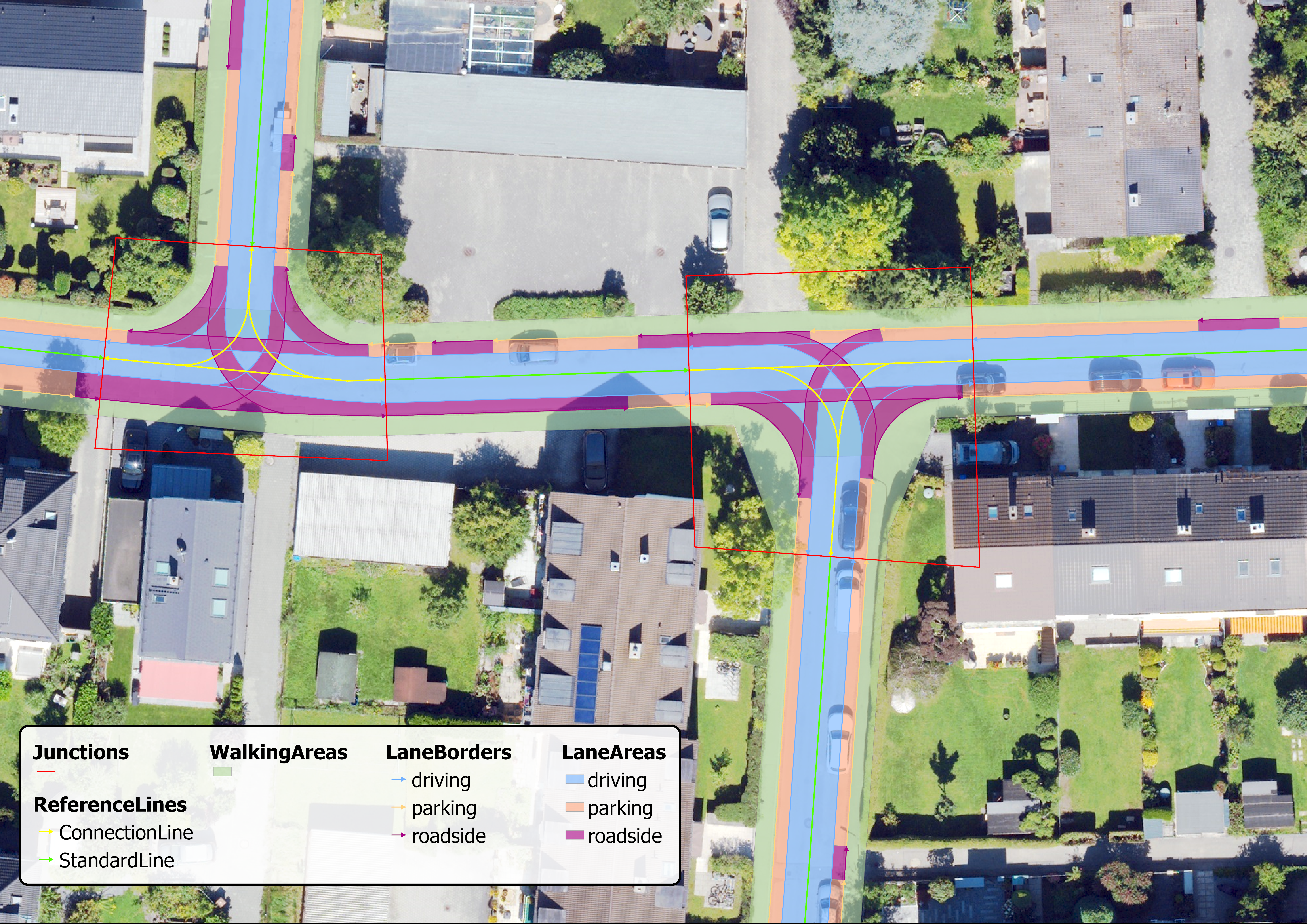 Fahrspurgenaue Darstellung mehrerer Straßenzüge in einem Wohngebiet in Allach-Untermenzing.