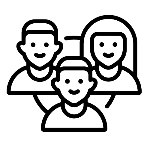 Icon Gemeinschaft und Teilhabe, drei gezeichnete Figuren auf weißem Hintergrund