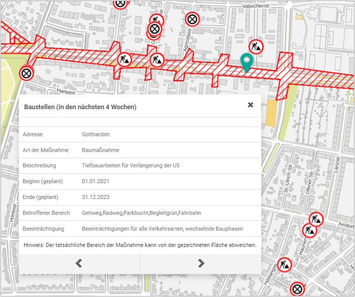 The image shows the construction sites planned for the next 4 weeks. The construction sites map contains data on the type of measure, the expected duration of the measure, as well as a description of the affected areas (e.g. sidewalk, roadway, cycle path) and a brief explanation of the specific restriction.