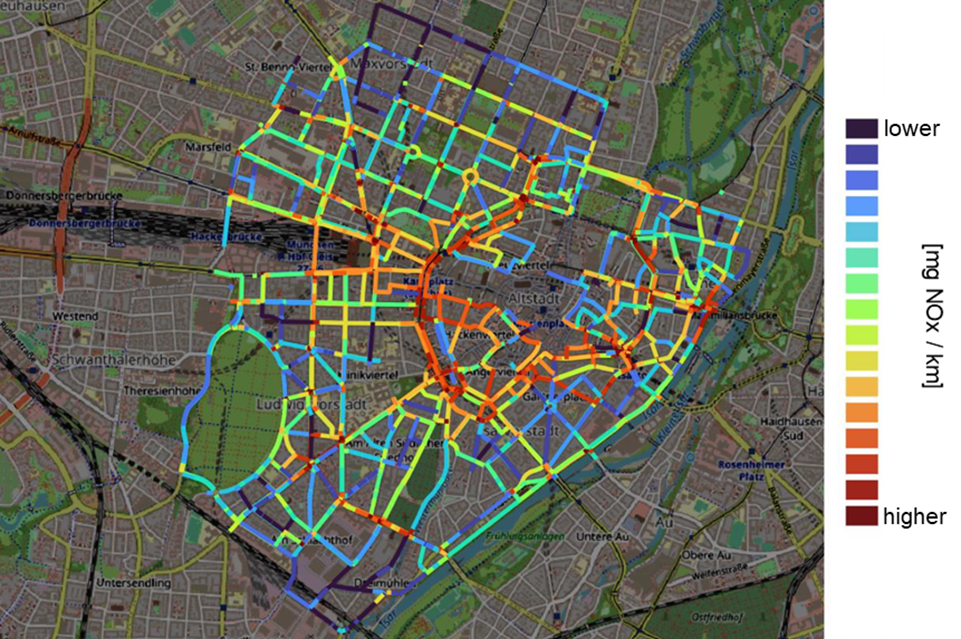 Exemplary modeling of traffic-related nitrogen oxide emissions (NOX) by the Technical University of Munich based on data of the Munich Digital Twin. The modeled, absolute amount of nitrogen oxide emitted by traffic per modeled road section, normalized to its length, is shown.